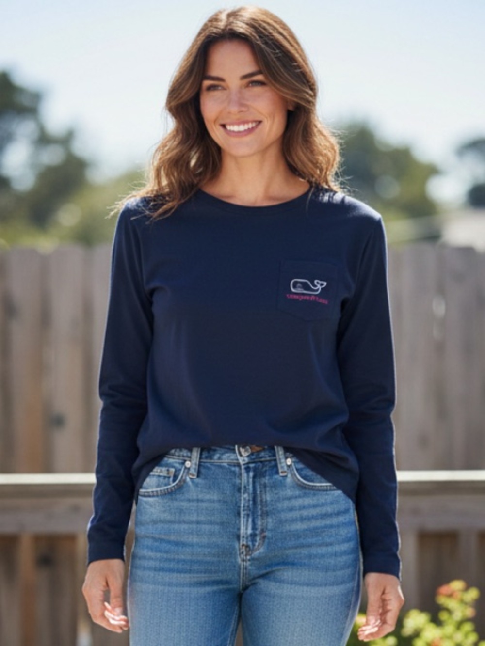 Vineyard Vines Navy Long Sleeve Pocket Tee with Whale Logo Happy Holidays
